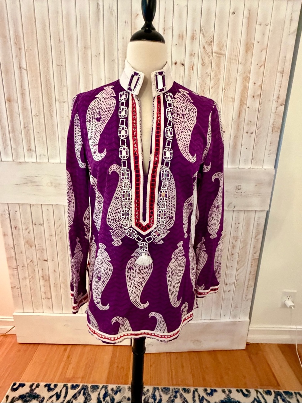 Tory Burch Purple Embroidered Split-Neck Tunic Top